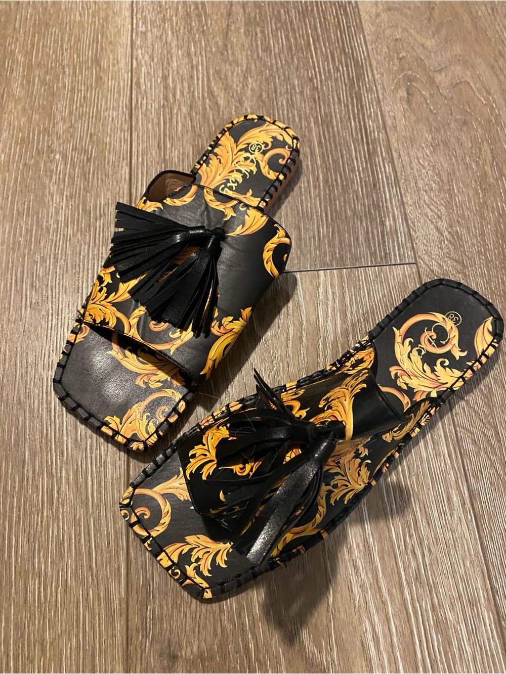 Black and Gold Tassel Slide Sandals - Women's Fashion Slides